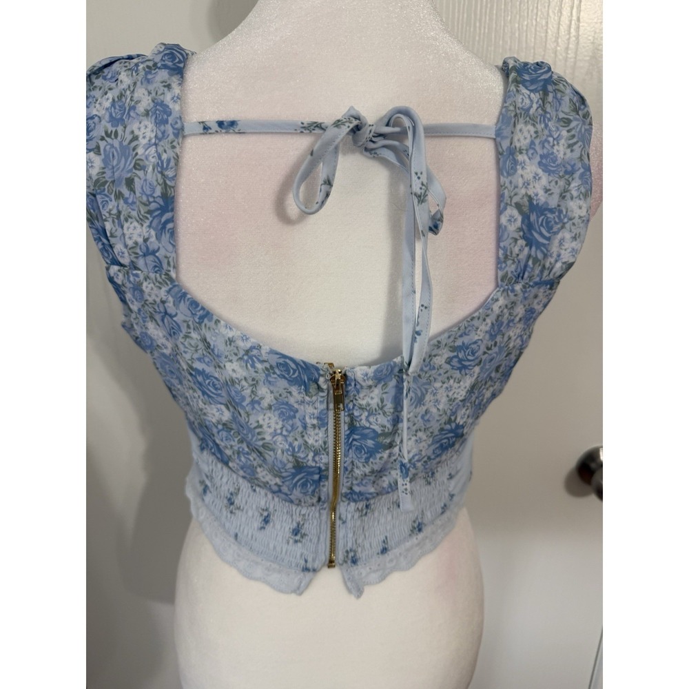 Women's Sleeveless Blue Floral Lace Cottagecore Milkmaid Crop Top Large - Picture 4 of 6